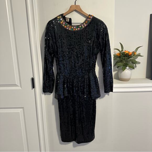 Vintage Swee Lo Black Gem Sequin Long Sleeve Mini Dress Medium - Picture 10 of 11